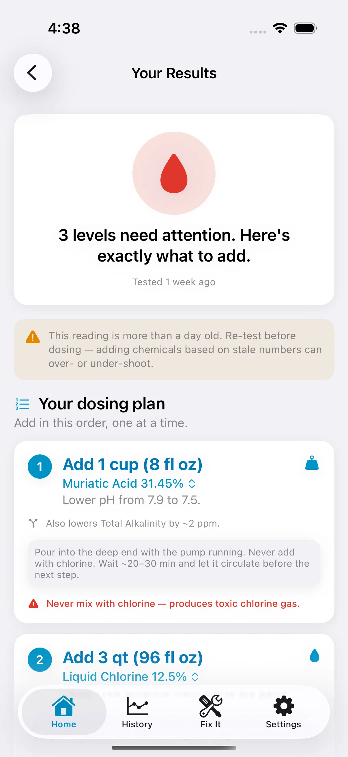 Exact dosing plan: add muriatic acid then liquid chlorine, in order